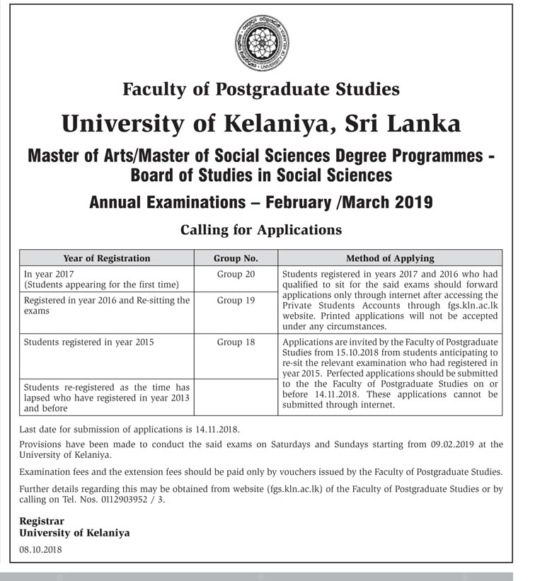 Master of Arts / Master of Social Sciences Degree Programmes - Board of Studies in Social Sciences - University of Kelaniya